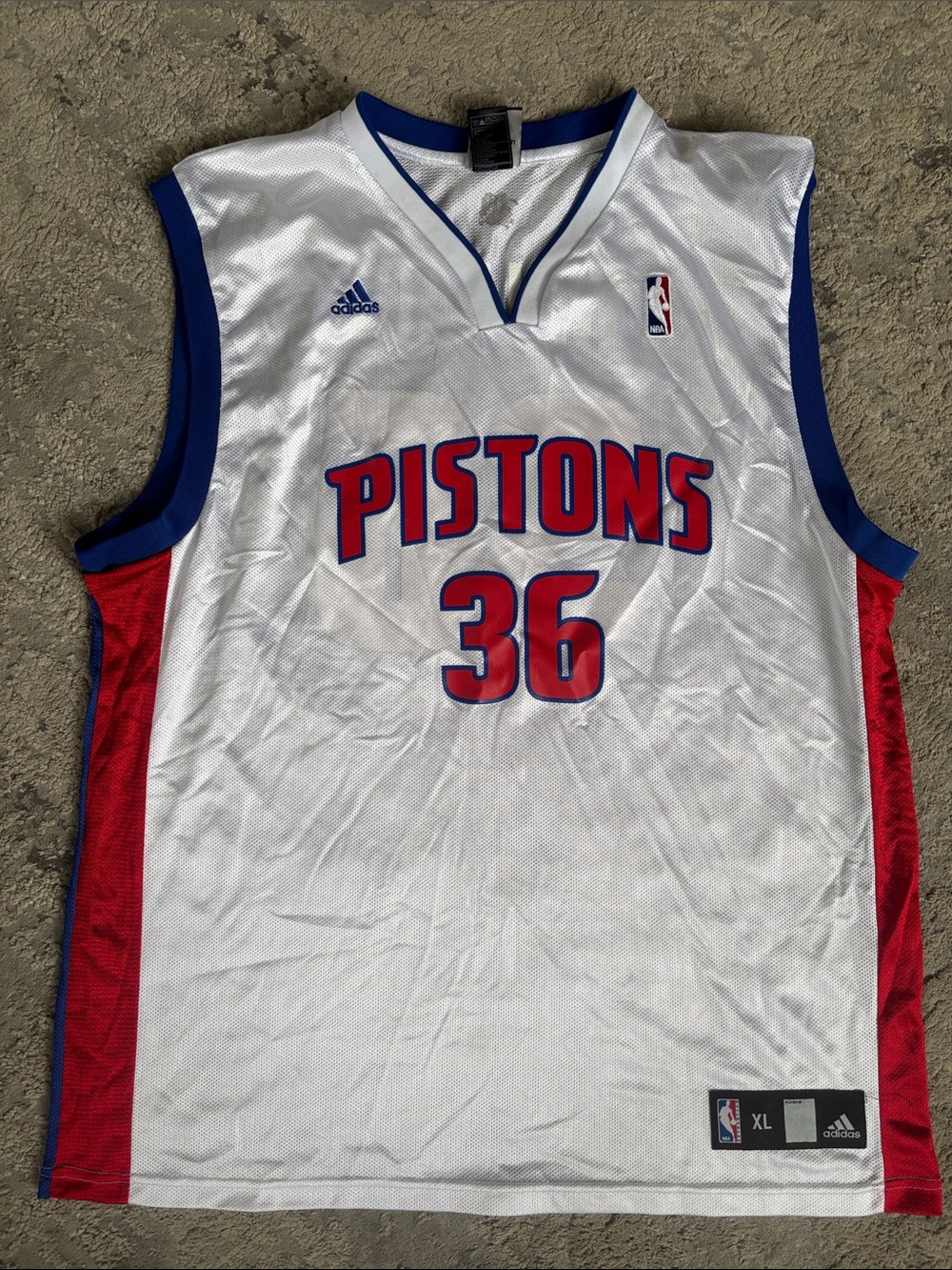 adidas White, Red and Blue Detroit Pistons #36 Jersey
